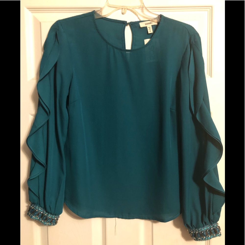 Meraki Hunter Green Ruffle Sleeve Blouse with Sequin Cuffs